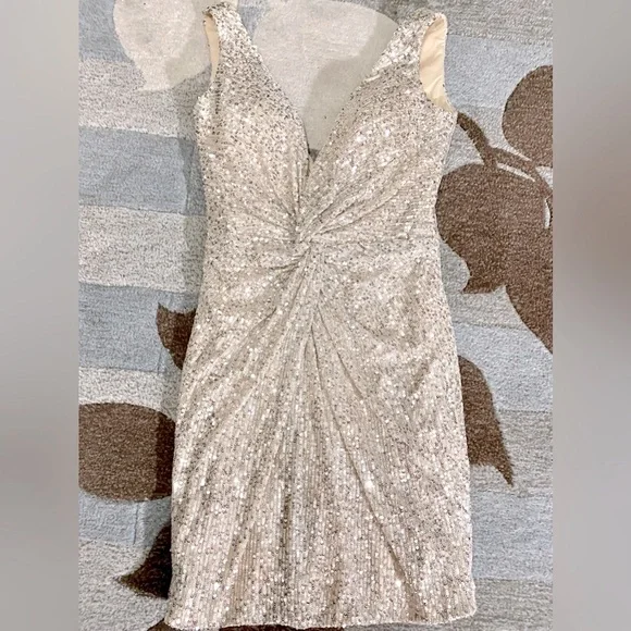 IEENA for MacDugal Front Twist Plunging Silver Sequin Mini Dress